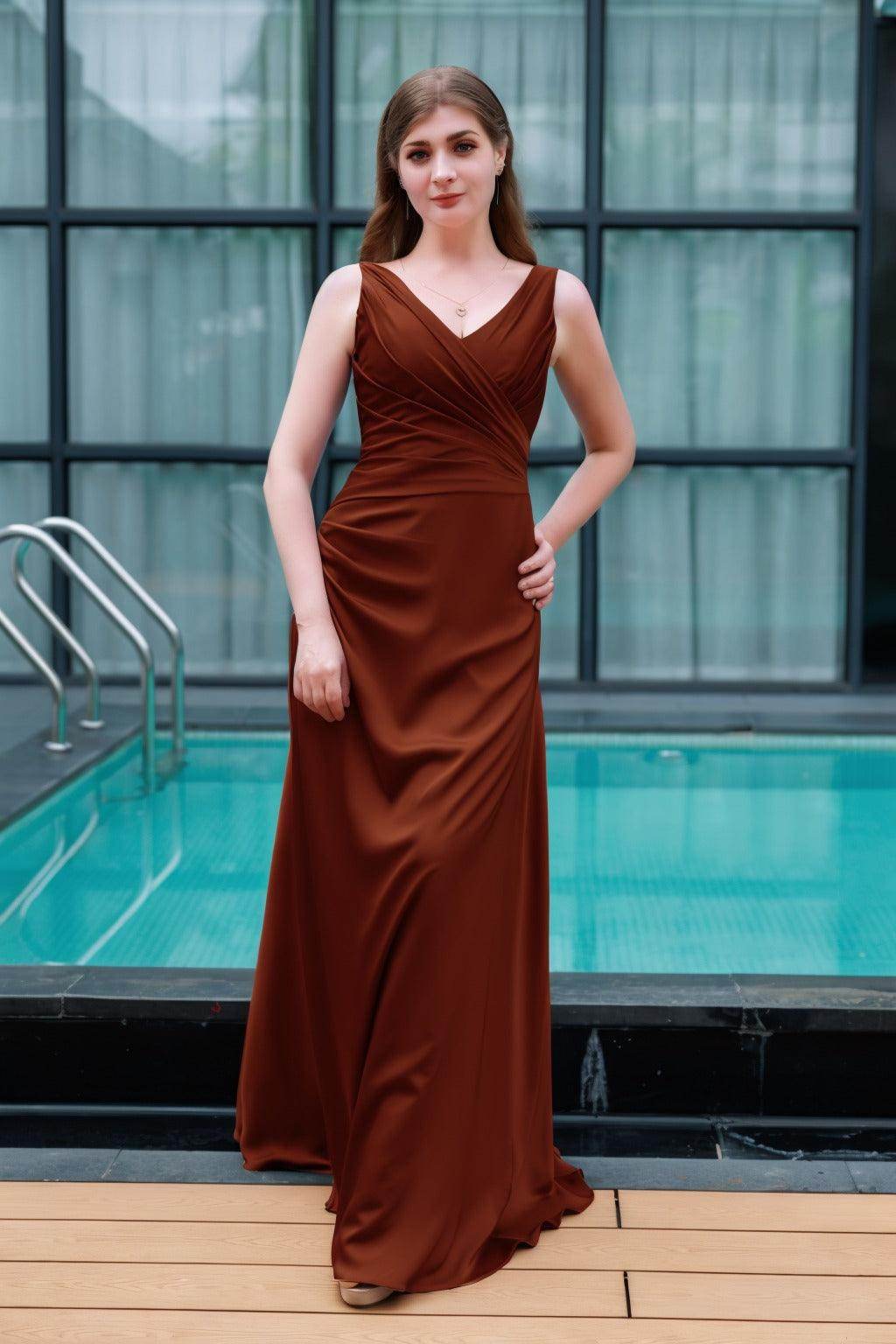 Sheath-Column Floor Length Luxe Satin Bridesmaid Dress CB0713 - Terracotta - COCOMELODY